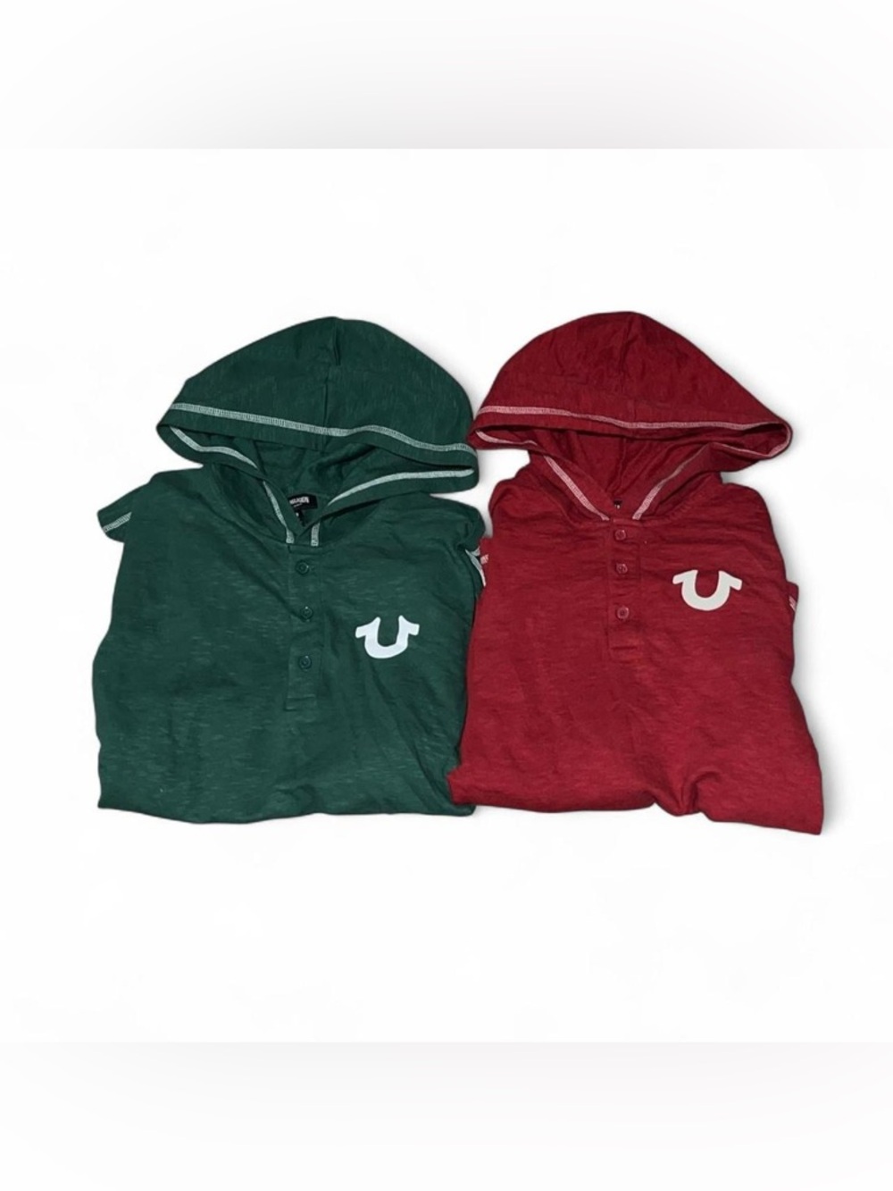 Bundle of 2 True Religion Hooded Flat Lock Slub Henley Hoodies Red and Green